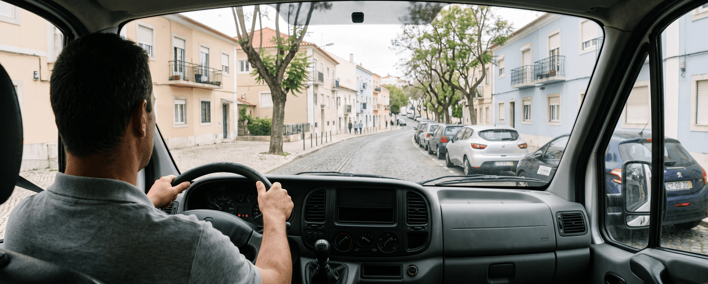 Motorista ao volante de uma carrinha ligeira numa rua da freguesia de Carnide