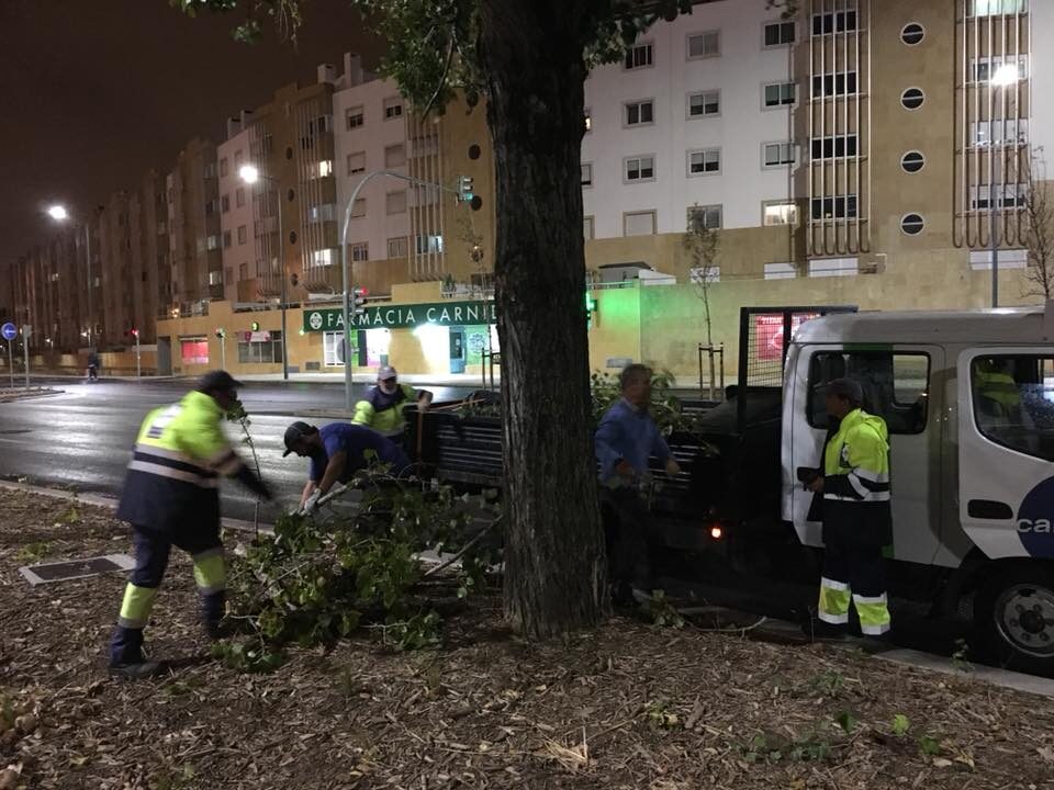 Equipa a trabalhar de noite durante temporal