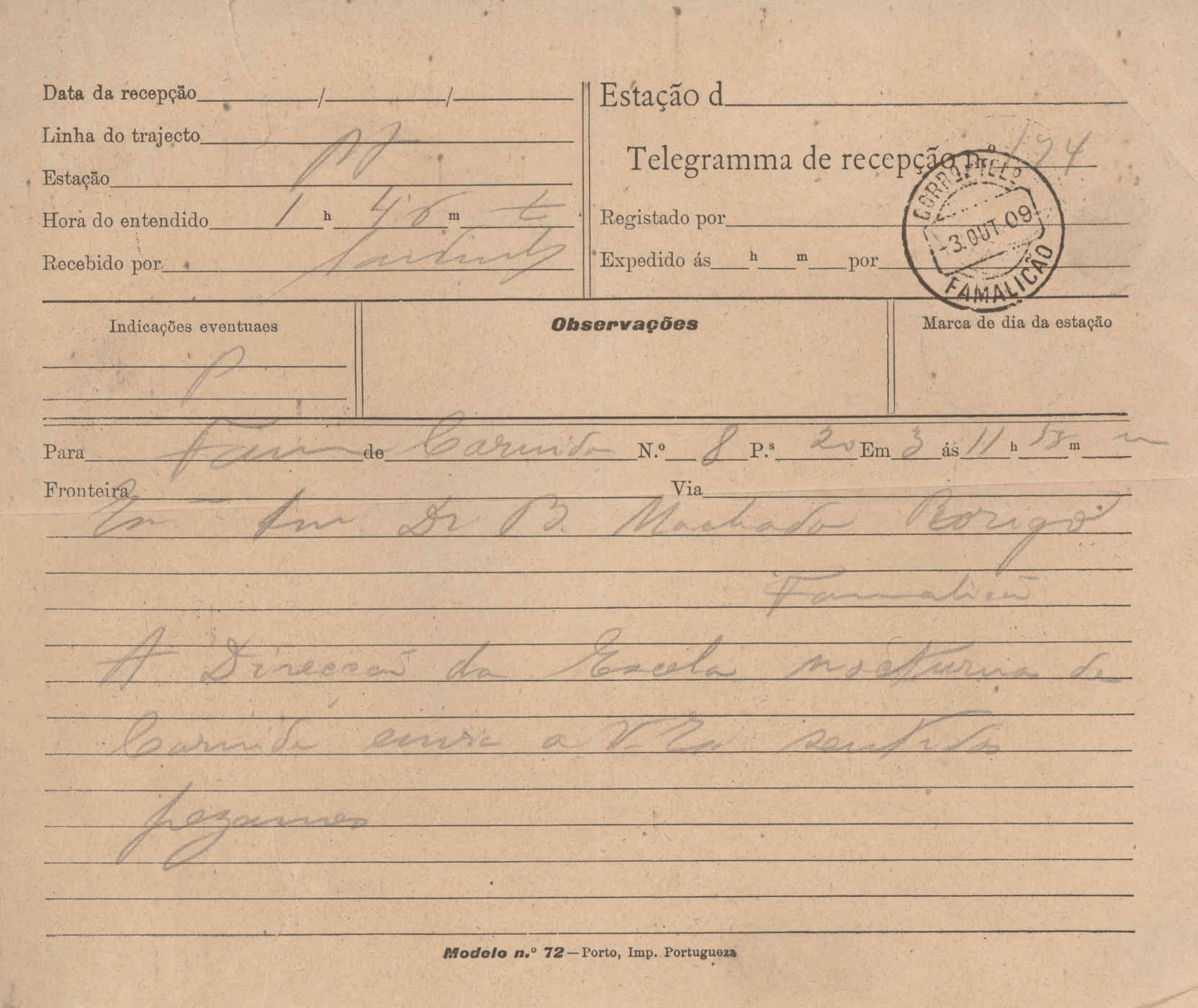 Telegrama de pêsames para Bernardino Machado, enviado pela Escola Nocturna de Carnide (1909)